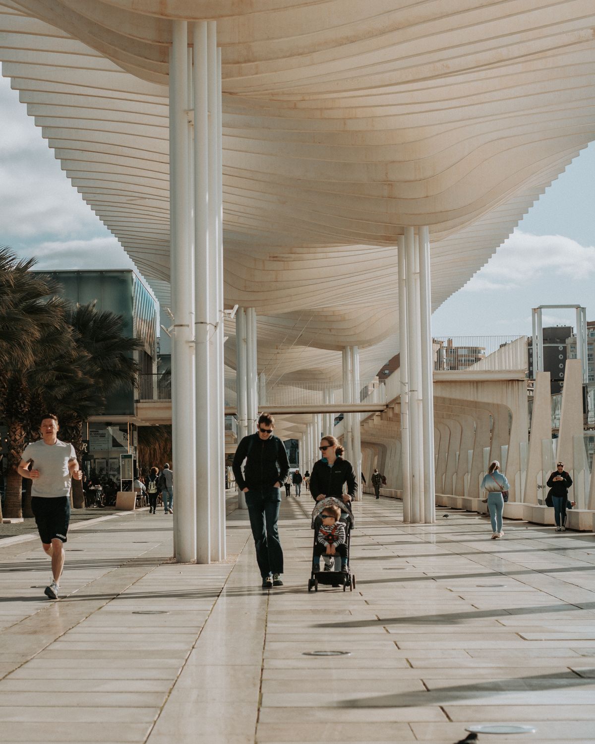 Pergola ondulée du Palmeral de las Sorpresas, la promenade qui relie le quai au centre de Malaga