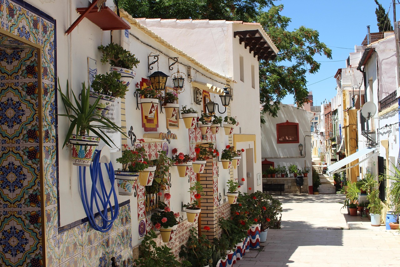 Rue du Barrio de Santa Cruz d'Alicante avec maisons blanches, azulejos et pots de fleurs